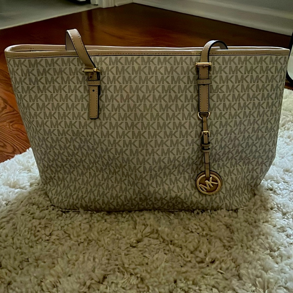 MICHAEL KORS JET SET TRAVEL VANILLA WHITE PVC+TAN LEATHER TRIM TOTE,BAG